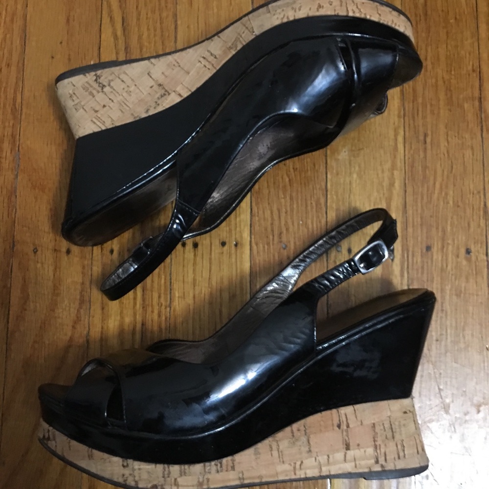 The Shoe Box peep toe black patent wedges